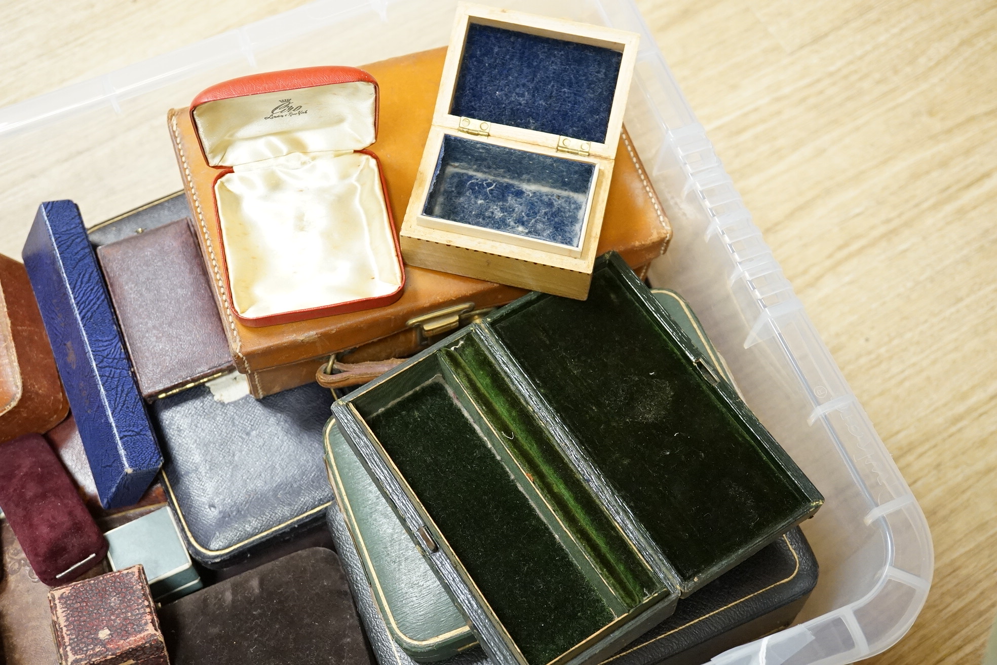 A group of assorted jewellery and cutlery boxes. Condition - poor to fair